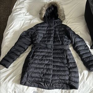 Women's Black Puffer Jacket with Fur Trim Hood